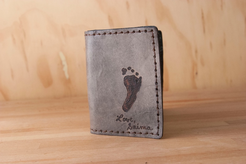 Mens Custom Leather Trifold Wallet with Baby Footprint and Inscription New Dad Gift or First Father's Day Gift Antique Black image 1