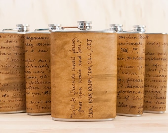 Leather Wedding Flask Set - Personalized Groomsmen Flasks in the Smokey Pattern in Antique Brown - 8oz - Groomsman Gifts