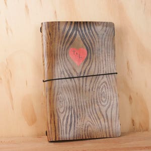 Personalized Leather Travelers Notebook Cover: Woodgrain Heart, Custom Initials