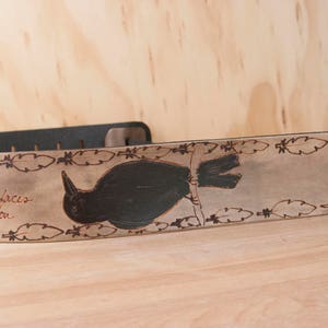 Personalized Leather Guitar Strap: Custom Crow & Feathers Inscription