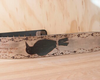 Personalized Leather Guitar Strap: Custom Crow & Feathers Inscription