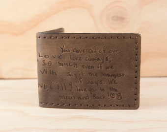 Mens Custom Leather Bifold Wallet with Personalized Handwriting Inscription - Your Handwriting Keepsake - Third Anniversary Gift for Him