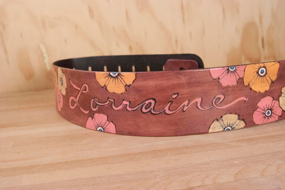 Custom Guitar Strap with Name and Flowers Poppy Garden Etsy
