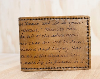 Personalized Bifold Wallet - Custom Engraved Mens Wallet with Handwritten Inscription - Distressed Rustic Antique Brown Leather