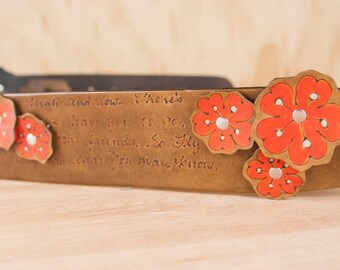 Guitar Strap - Personalized Leather Guitar Strap in the Smokey Pattern with Flowers - Red + Anitque Brown - For Acoustic or Electric Guitars