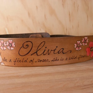 Custom Leather Guitar Strap: Personalized Name & Pink Flowers