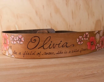 Custom Guitar Strap with Name and Pink Flowers - Personalized Leather Strap - Acoustic or Electric Guitars - Third Anniversary Musician Gift