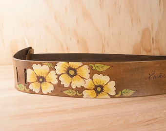 Guitar Strap - Personalized Leather Guitar Strap in the Smokey Pattern with Flowers in Antique Brown - For Acoustic or Electric Guitars