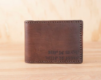 ID Bifold Wallet - Personalized Bifold Wallet with Custom Coordinates - Find Me Here pattern in Mahogany - Third Anniversary Gift