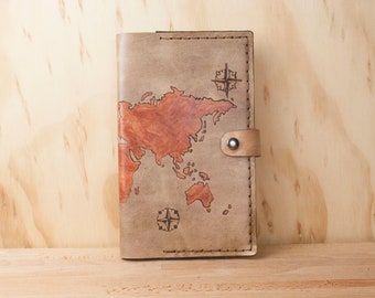 Custom Engraved Bible Cover - Leather with world map and Personalized Inscription - Antique brown  - Third Anniversary Gift for Him or Her