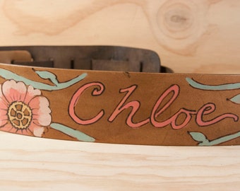 Guitar Strap with Custom Name and Flowers - Aurora Pattern with Wild Roses in Pink and Brown - Personalized - Acoustic or Electric Guitars