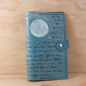 Custom Engraved Bible Cover - Leather with Moon, Stars and Personalized Inscription - Blue - Third Anniversary Gift for Him or Her