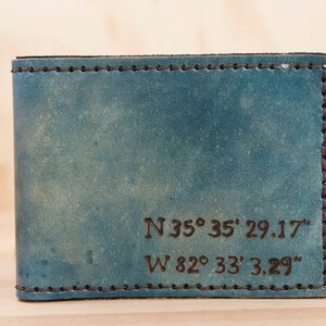 Mens Leather Wallet - Personalized Gift For Him with Custom GPS Coordinates - Find Me Here pattern in Blue Leather - Third Anniversary Gift