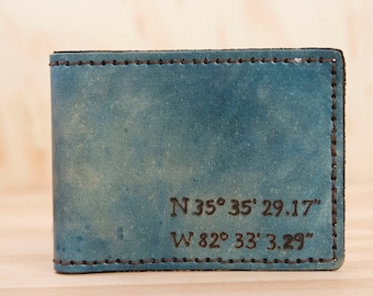 Mens Leather Wallet - Personalized Gift For Him with Custom GPS Coordinates - Find Me Here pattern in Blue Leather - Third Anniversary Gift