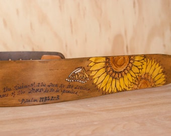 Personalized Leather Guitar Strap: Handmade Sunflower & Butterfly Design