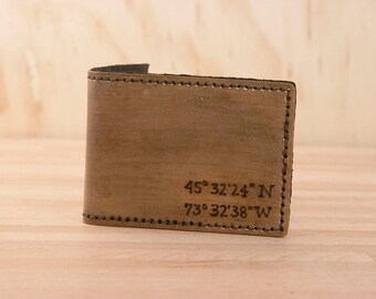 Custom GPS Coordinate Bifold Wallet - Mens Bifold Leather Wallet in the Find Me Here pattern in Antique Brown - Third Anniversary Gift