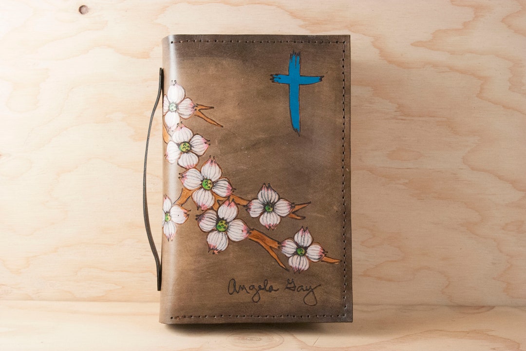 Custom Engraved Zippered Bible Cover Leather With Dogwood, Cross and Personalized Inscription