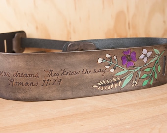 Personalized Leather Guitar Strap: Wildflower Inscription, Acoustic or Electric