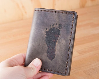 Mens Custom Leather Trifold Wallet with Secret Inscription + Your Baby's Footprint - First Father's Day New Dad Gift for Him - Antique Black