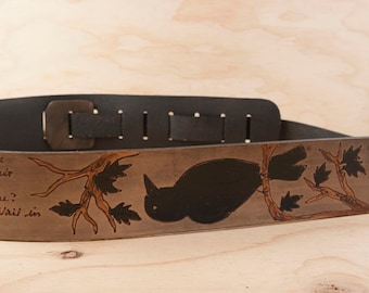 Guitar Strap - Personalized Leather Strap for Acoustic and Electric Guitars - Custom Inscription with Crow or Raven and Tree