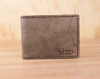 ID Bifold Wallet - Personalized Mens Leather Bifold Wallet with Monogram  - Antique Black Leather - Third Anniversary Gift