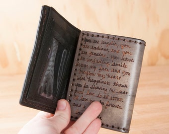 Mens Custom Leather Trifold Wallet with Secret Inscription and Monogram - Third Anniversary Gift For Him in Antique Black