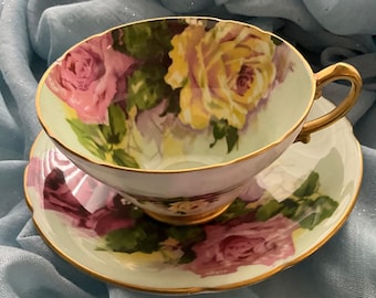 Taza y platillo Stanley vintage, color verde menta, diseño de rosas de repollo, 1953