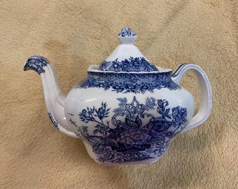 Tetera vintage Mason's Ascot, de loza azul, fabricada en Inglaterra.