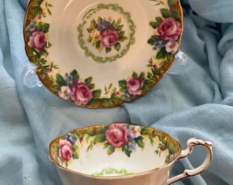 Juego de tazas de té Paragon-By-Appointment Tapestry Rose England Floral Gold Gild en perfecto estado