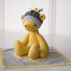 PDF Pattern - 'Bumble' - Felt Bear Softie with Honeycomb Mini Quilt and Knitted Beanie  - Instant Digital Download - Plush Teddy