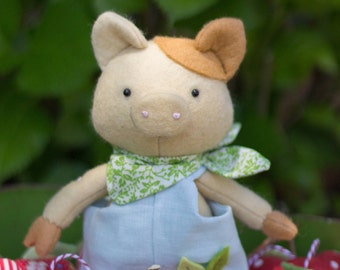 PDF Pattern - 'Hubert Radish' - Felt Pig Softie with Linen Dungarees  - Instant Digital Download - Plush Children's Toy