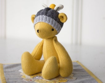 PDF Pattern - 'Bumble' - Felt Bear Softie with Honeycomb Mini Quilt and Knitted Beanie  - Instant Digital Download - Plush Teddy