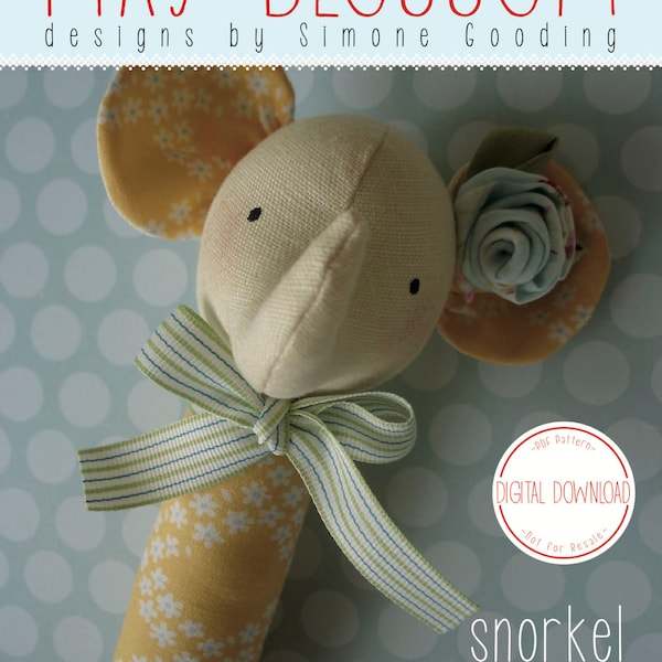 PDF Pattern - 'Snorkel' - Linen and fabric elephant baby rattle  - Instant Digital Download - Plush Children's Toy