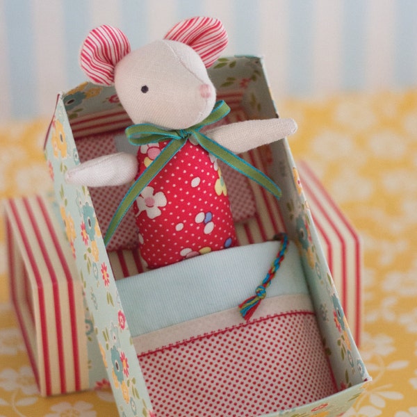 PDF Pattern - 'Mouse in a Matchbox' - Linen Mouse Softie in a Paper Matchbox Bed  - Instant Digital Download - Plush Child's Toy