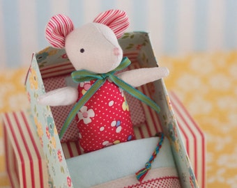 PDF Pattern - 'Mouse in a Matchbox' - Linen Mouse Softie in a Paper Matchbox Bed  - Instant Digital Download - Plush Child's Toy