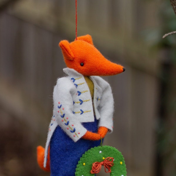 PDF Pattern - 'Teasel' - Hanging Felt Fox Ornament with embroidered jacket and wreath - Instant Digital Download - Christmas Decoration