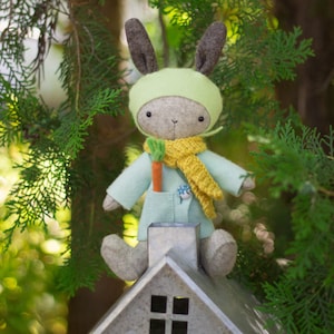 May include: A plush bunny toy wearing a light green hat, a blue jacket, and a yellow scarf. The bunny is holding a carrot and is sitting on a small gray house.