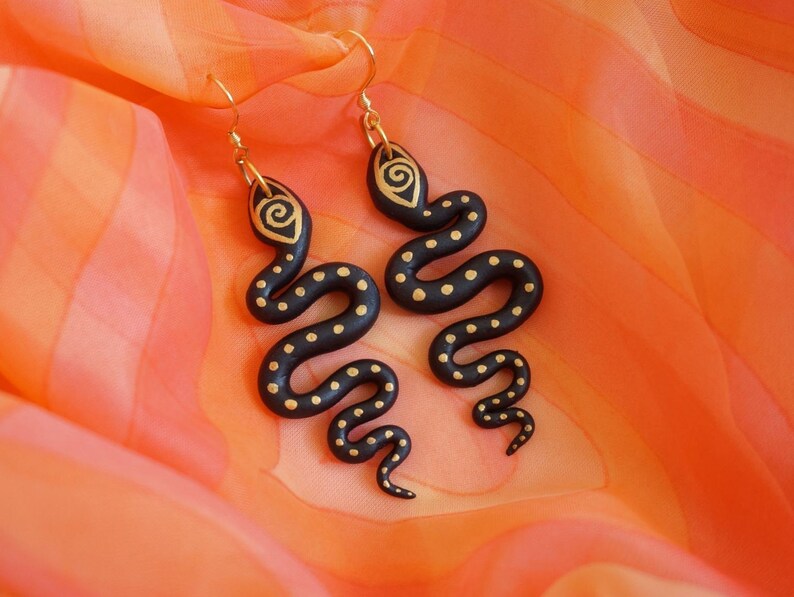 SERPENT SQUIGGLES Polymer Clay Snake Earrings in Black and Gold Etsy