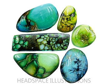 Turquoise Stones Gems Minerals Blue Green Cabs Jeweler Jewelery Gemology Art Print from an Original by Headspace Illustrations