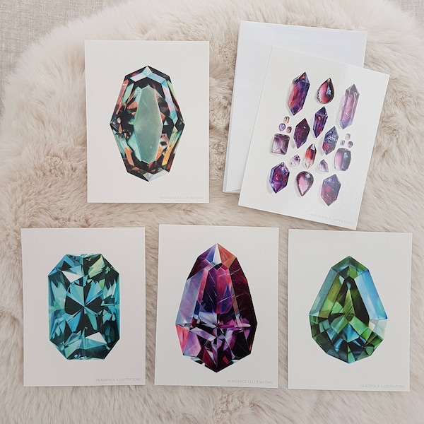 5 Pk Gem Pack Non-Folded Sapphire Topaz Agate Flat Blank Cards Thank you Gift Colored Pencil Art by Headspace Illustrations