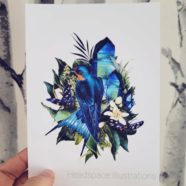 Blue Swallow Bird Butterfly Art Print by Headspace Illustrations