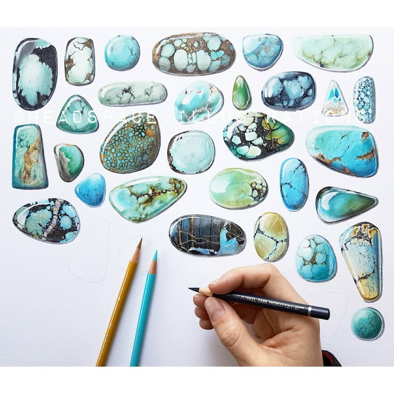 Turquoise Stones Colored Pencil Mineral Crystal Art Print by - Etsy