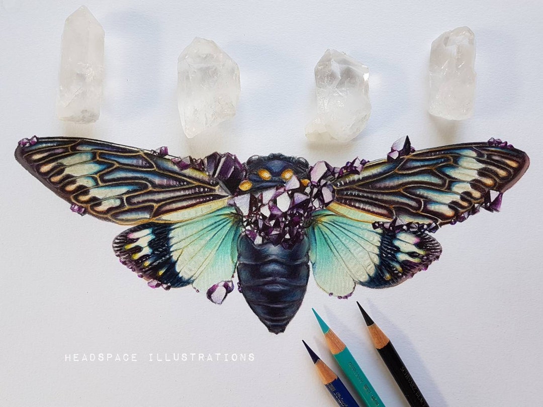 Crystal Cicada With Hand Painted Gold Colored Pencil Insect - Etsy