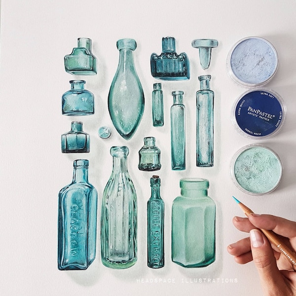 Vintage Glass Bottles Colored Pencil Art Print by Headspace Illustrations