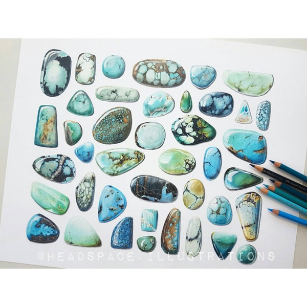 Turquoise Stones Colored Pencil Mineral Crystal Art Print by Headspace Illustrations