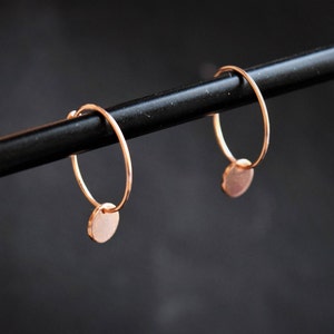 Puede incluir: Un par de pendientes de aro en oro rosa, cada uno con un peque&ntilde;o dije circular y plano suspendido de un aro de alambre fino. Los pendientes se muestran colgados de una varilla negra delgada y horizontal.