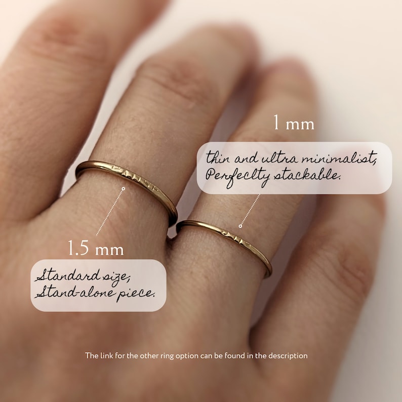 Puede incluir: Dos anillos apilables de oro, uno de 1 mm de grosor y otro de 1,5 mm de grosor. El anillo m&aacute;s fino se describe como "fino y ultra minimalista, perfectamente apilable". El anillo m&aacute;s grueso se describe como "tama&ntilde;o est&aacute;ndar, pieza independiente".