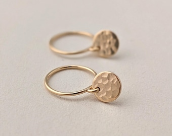 Hoop earings with stamped disc, minimalist earrings for women,