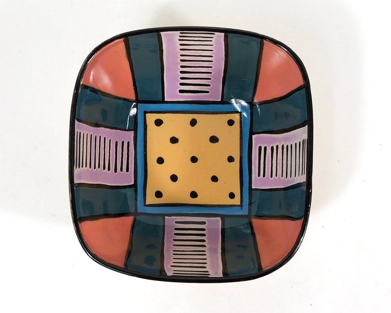 \u201cCarnival\u201d handmade porcelain Post-Modern Design Rosenthal Flash Dorothy Hafner festive square bowl 5\u201d signed and dated