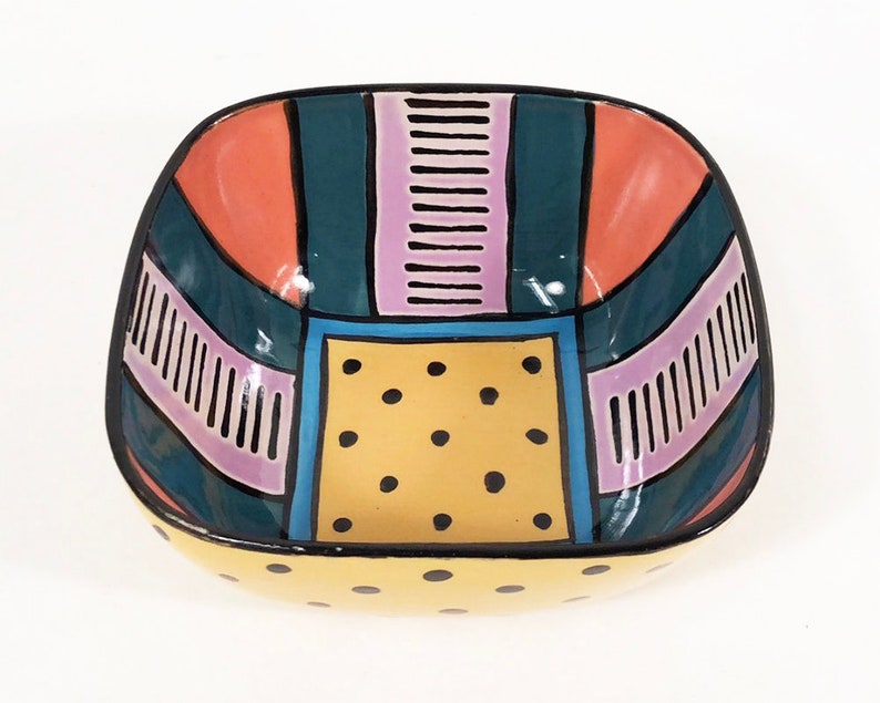 \u201cCarnival\u201d handmade porcelain Post-Modern Design Rosenthal Flash Dorothy Hafner festive square bowl 5\u201d signed and dated